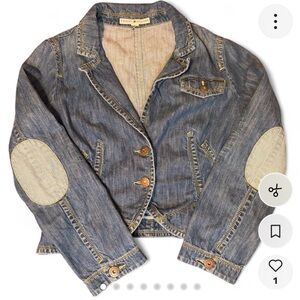 Tommy Hilfiger collared y2k denim fitted jacket with striped elbow patches